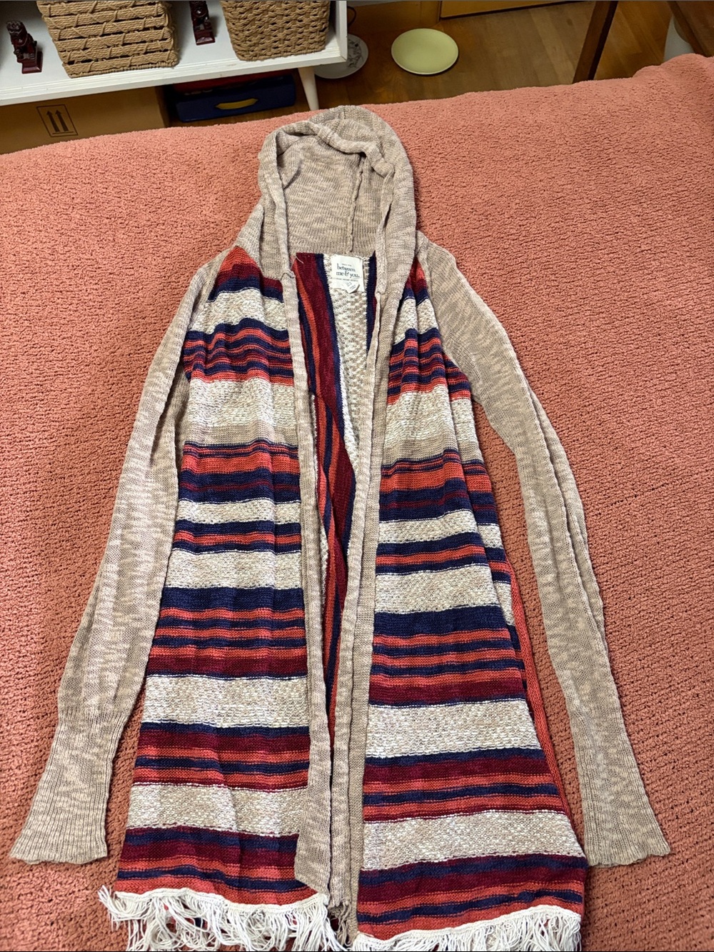 Striped Hooded women’s Cardigan in Beige with Red & Navy Accents